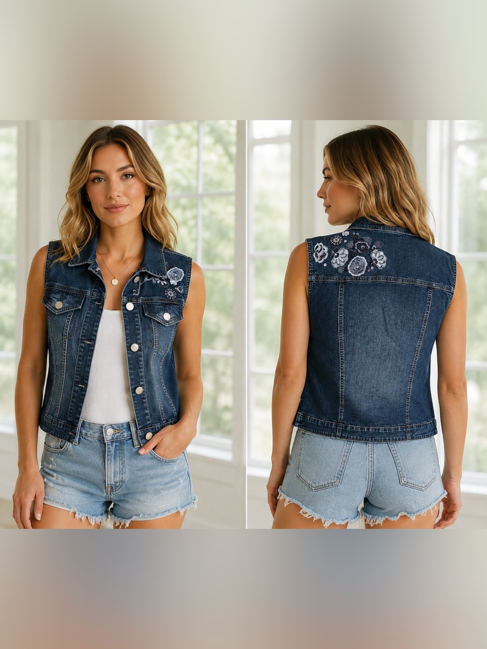 Vintage Allison Daley Embroidered Denim Jean Jacket with Floral Accents